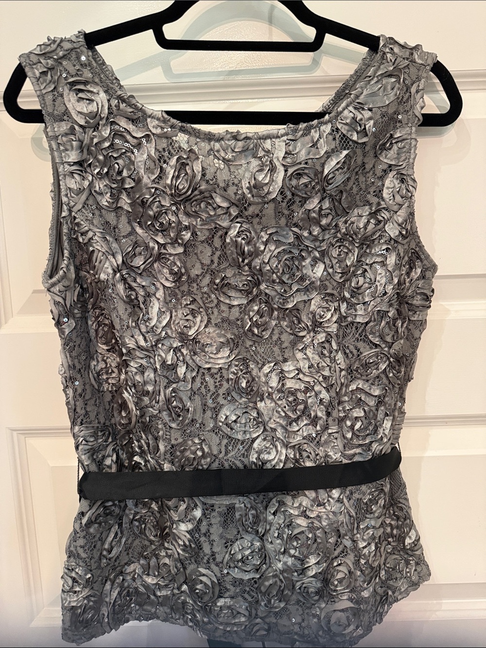 Onyx Nite Silver Rose Appliqué Peplum Sleeveless Top